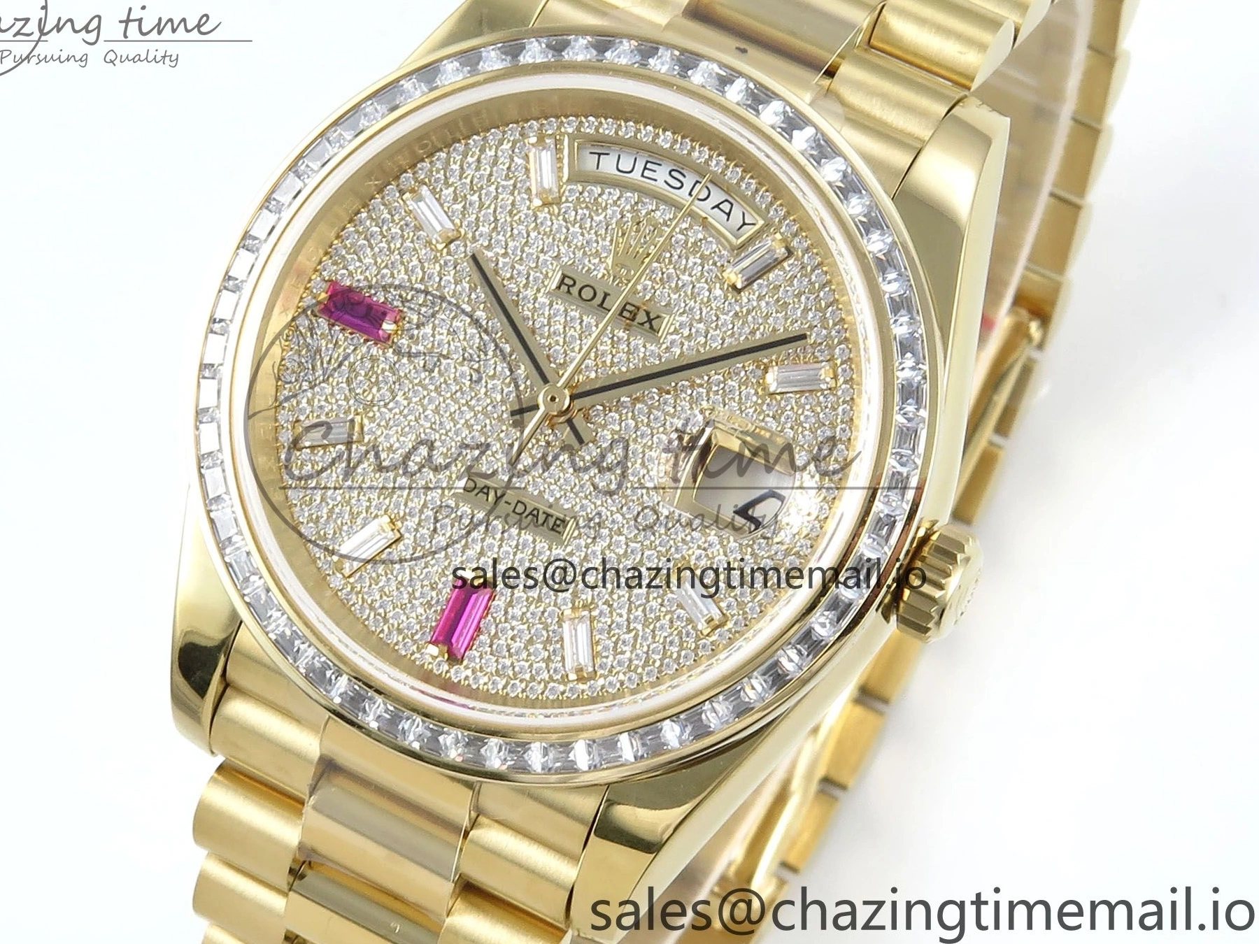 0205 DayDate 40 YG QF 1:1 Best Edition Pink Diamonds Dial Diamonds Bezel on President Bracelet A2836 V5 (Gain Weight) ZipUp 488